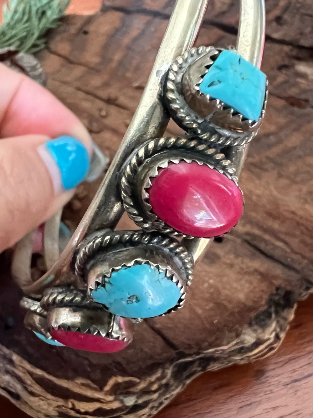 Navajo Coin Silver Bracelet Cuff Blue Turquoise Red Coral XL - Picture 6 of 10